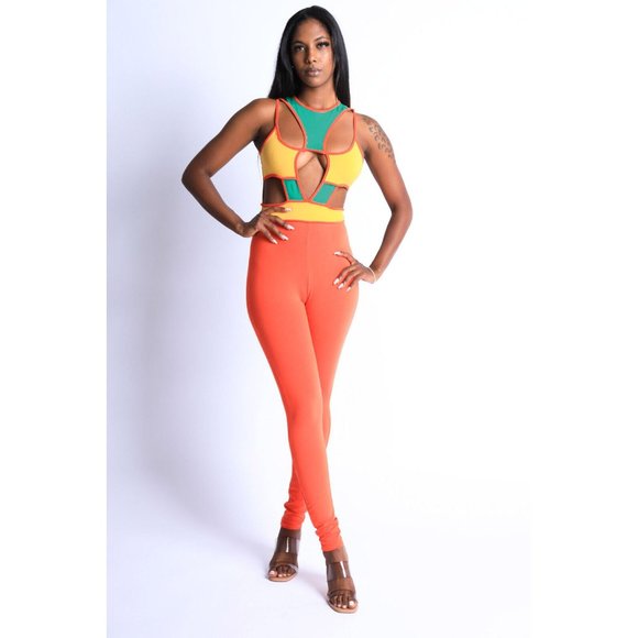 Womens Cut Out Sexy Sleeveless Turtleneck Skinny Slim Party Jumpsuit Color Block - Picture 2 of 7